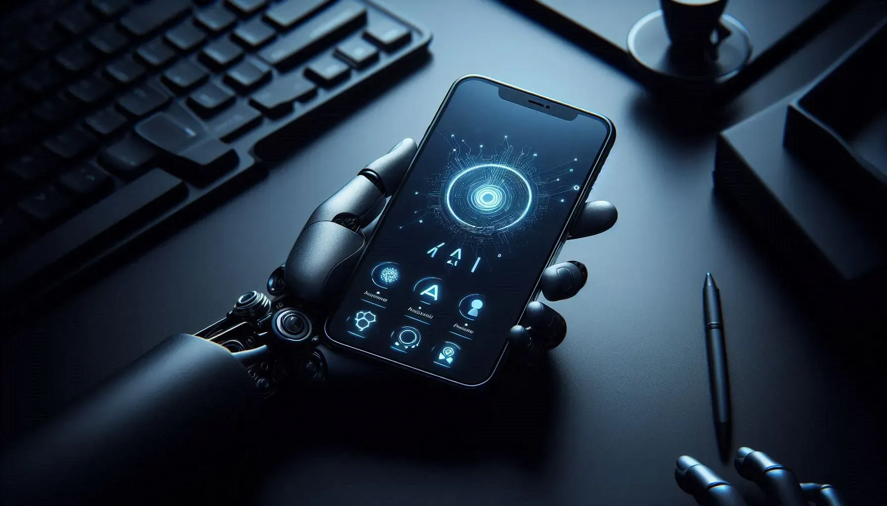 Robot hand holding a phone with an AI assistant on screen