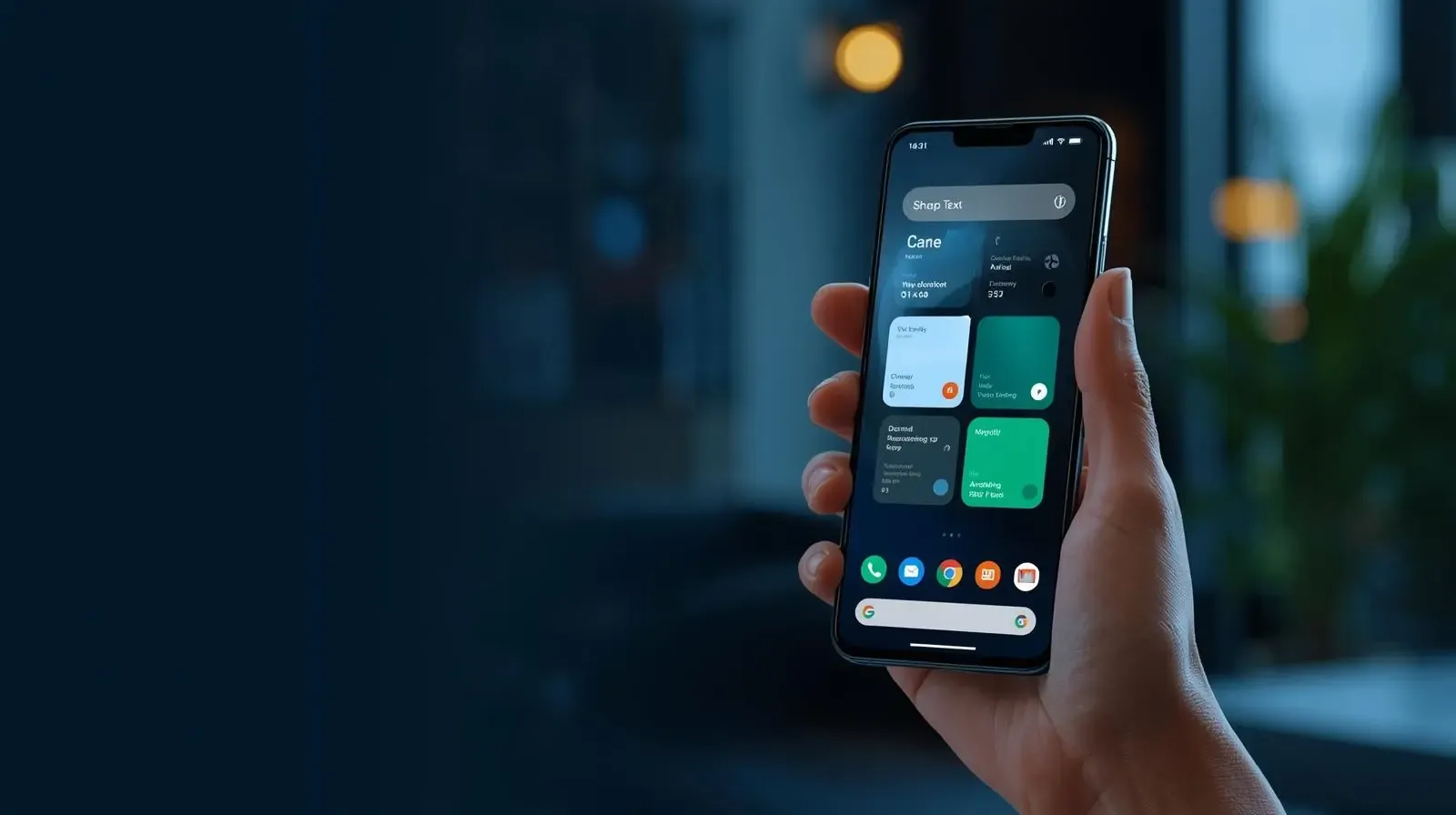 Hand holding a phone showing an Android app