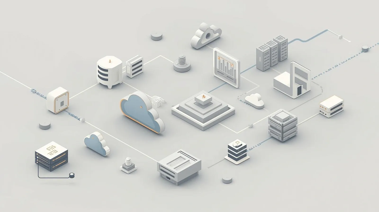 Illustration of servers, databases and cloud icons connected in a network