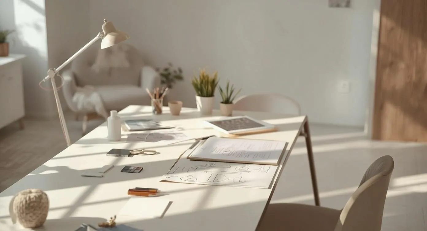 Sunlit designer's desk with sketches and a tablet