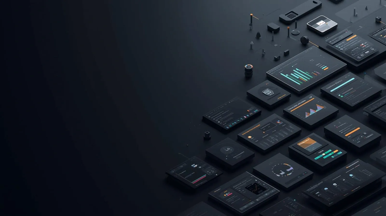 Rows of dark dashboard tiles showing charts and app screens