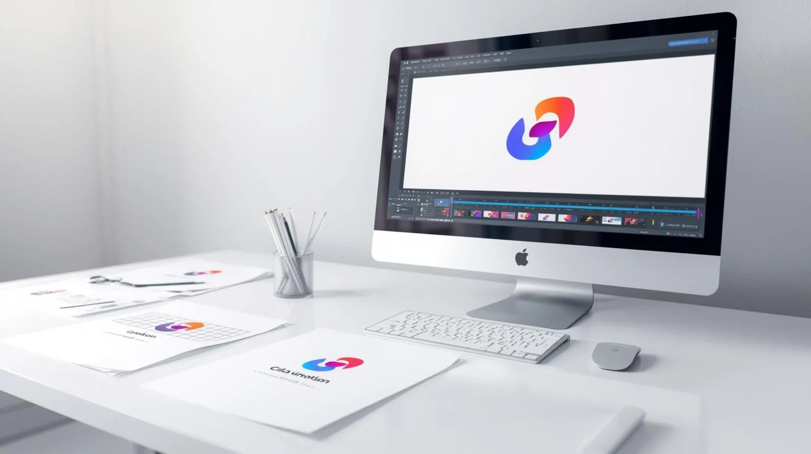Computer showing a colourful logo in an animation editor, beside printed logo sheets