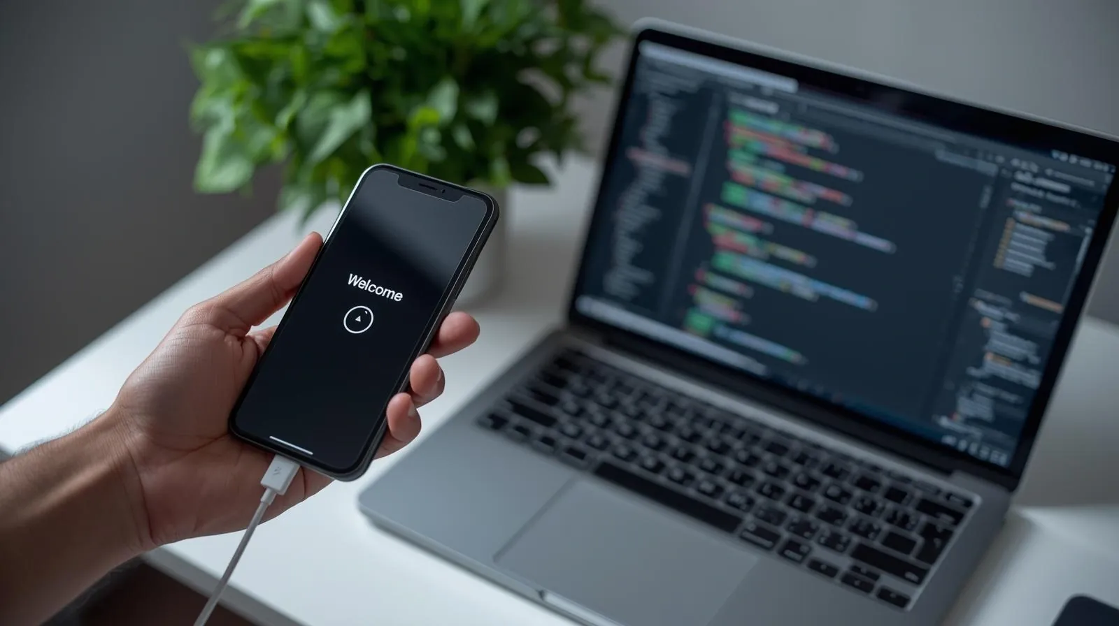 Hand holding a phone with an app's welcome screen in front of a laptop showing code