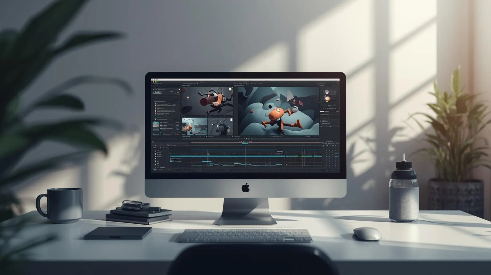 Computer showing an animation timeline on a desk with plants