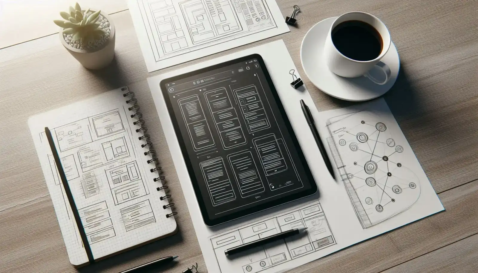 Tablet showing app screens on a desk, with wireframes and a system diagram sketched on paper