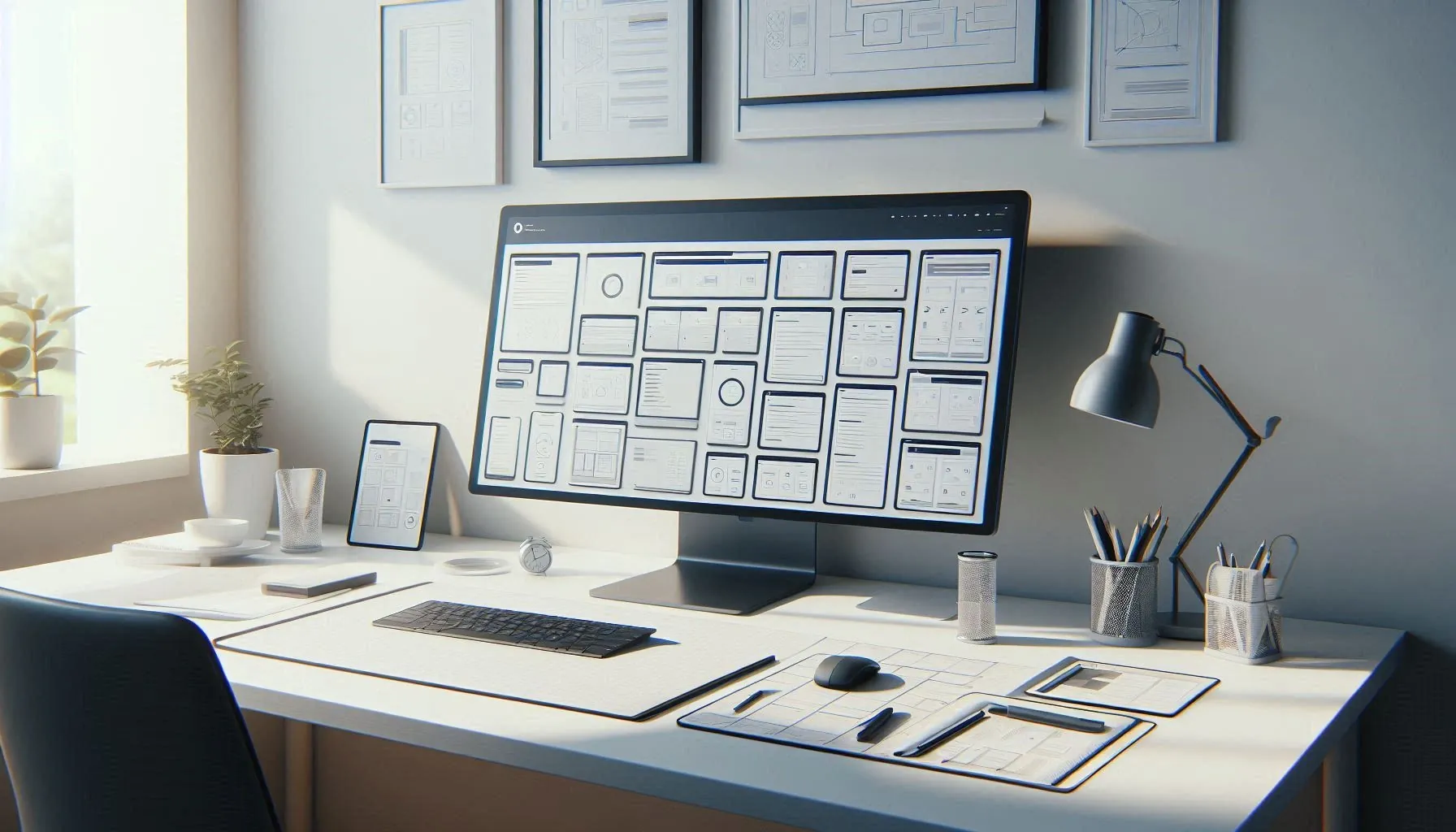 Desk with a monitor showing wireframes, with more wireframes pinned to the wall