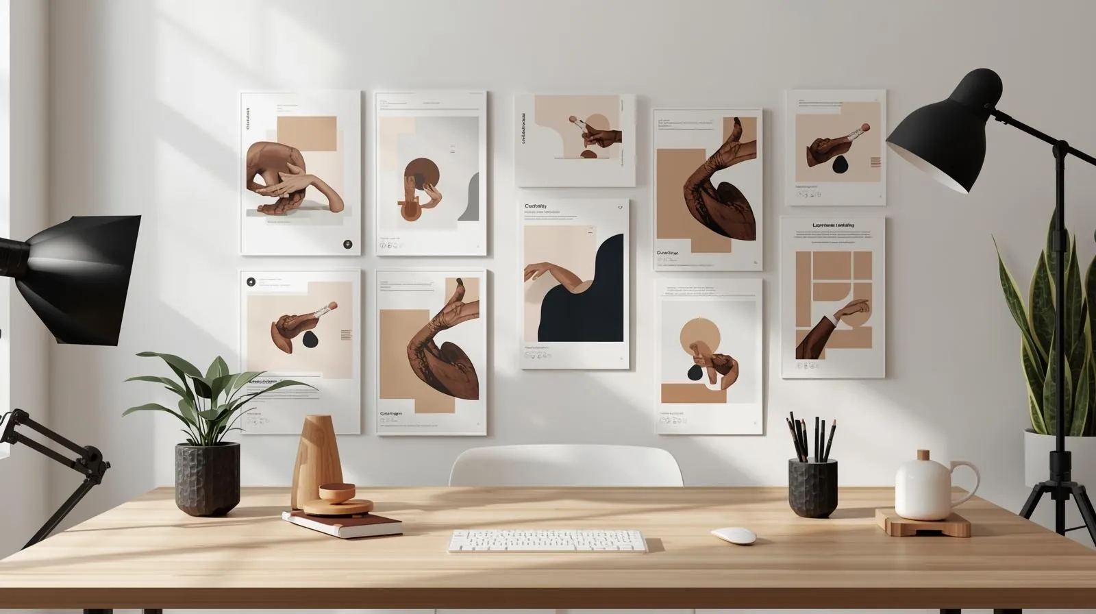 Wall of printed social media posters above a desk
