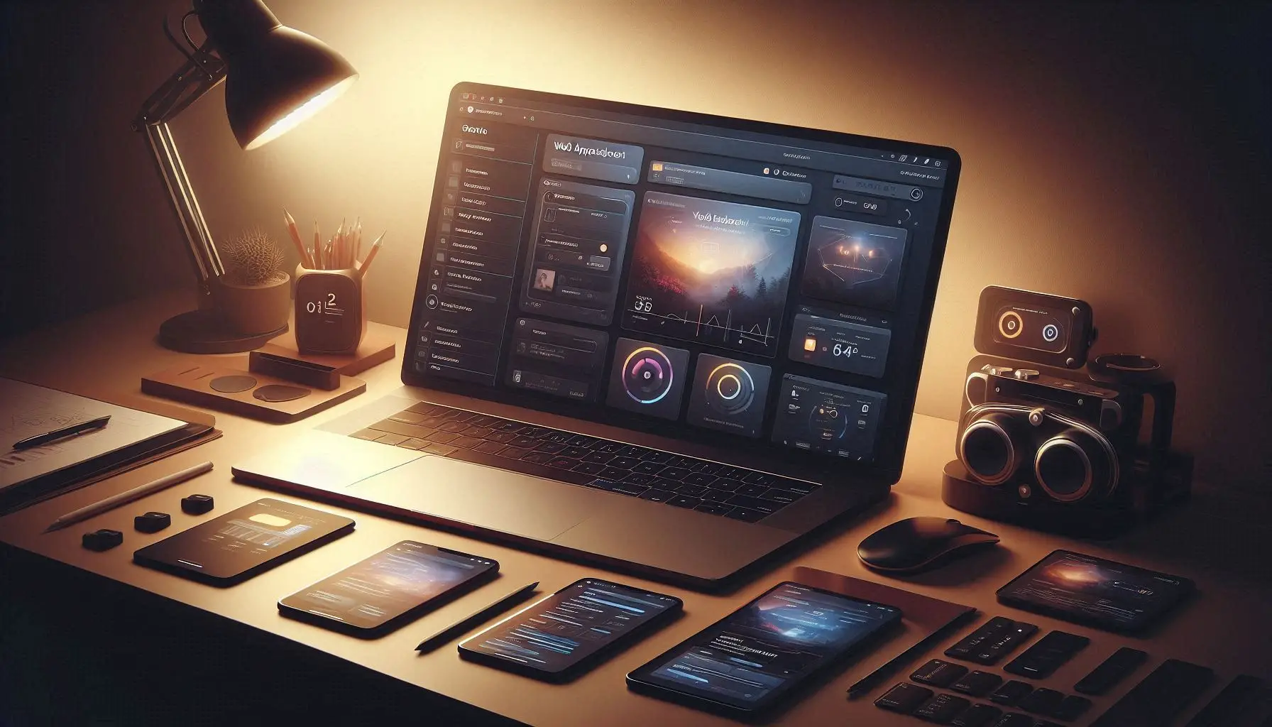 Laptop showing a web app dashboard beside phones on a lamp-lit desk