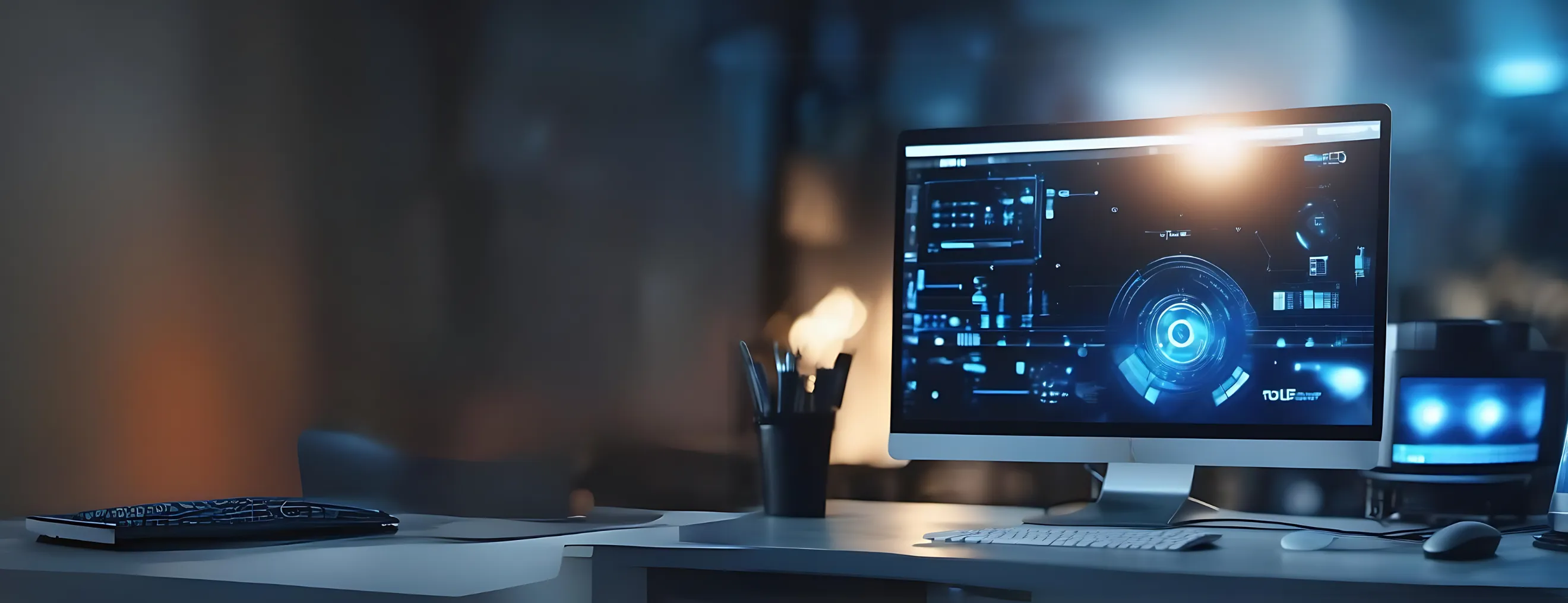 Monitor on a dark desk showing a website design in blue light