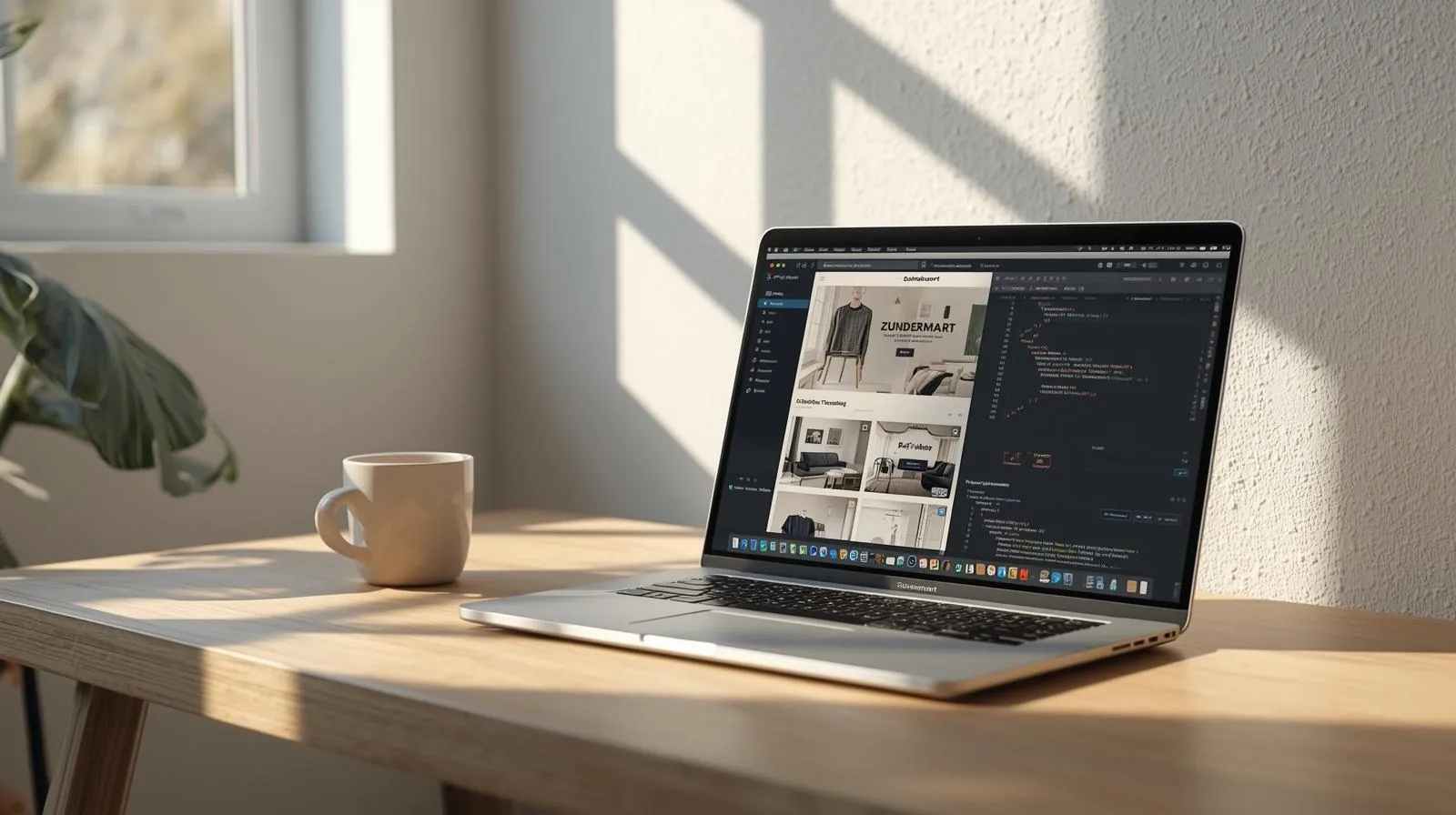 Laptop on a sunny wooden desk showing a website and its code