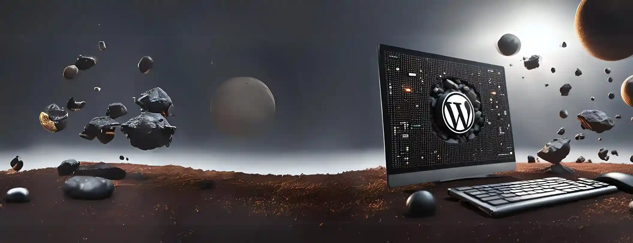 Computer showing the WordPress logo, with rocks floating around it
