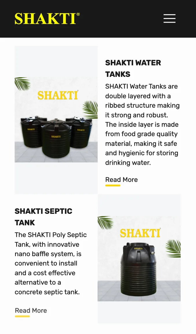 The Shakti Tanks website on a phone, showing the water tank and septic tank product sections